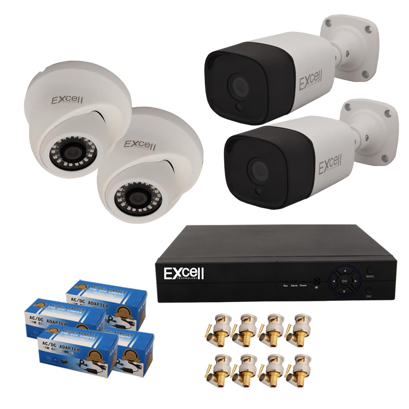  این پکیج شامل 1 عدد DVR اکسل مدل EX-5104  4کاناله 5 مگاپیکسل با قابلیت پشتیبانی از IP/CVBS/CVI/TVI/AHD, تکنولوژی فشرده سازی H265+, دارای 4 پورت ورودی میکروفن, 1 پولت آژیر, پشتیبانی هارد از 1 تا 6 ترابایت, ورودی RS486x1 /CVBS/VGA/HDMI و 2 عدد پورت USB2, قابلیت P2P, استاندارد onvif  2 عدد دوربین دام مدل D501 با رزروشن 5 مگاپیکسل, تکنولوژی پردازش تصویر : CVBS/CVI/TVI/AHD, مسافت دید در شب 36 متر, لنز ثابت 3.6 میلیمتر .قابلیت کاربردی منوی COC-OSD-DWDR-D&N-HLC-BLC-3DNR, قابلیت تشخیص حرکت MOTION DETECTIIN, پشتیبانی از UTC تنظیمات از طریق ریموت کنترل, تغذیه 12 ولت DC, استاندارد مقاومت IP662 عدد دوربین بولت مدل B520 با رزروشن 5 مگاپیکسل, تکنولوژی پردازش تصویر : CVBS/CVI/TVI/AHD, مسافت دید در شب 40 متر, لنز ثابت 3.6 میلیمتر .قابلیت کاربردی منوی COC-OSD-DWDR-D&N-HLC-BLC-3DNR, قابلیت تشخیص حرکت MOTION DETECTIIN, پشتیبانی از UTC تنظیمات از طریق ریموت کنترل, تغذیه 12 ولت DC, استاندارد مقاومت IP66 4 عدد آدابتور 2 آمپر8 عدد فیش BNC 